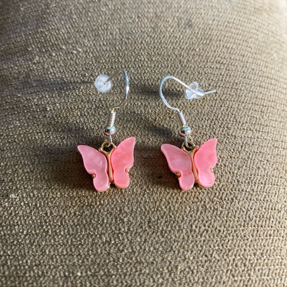 Pink Butterfly Drop Dangle Earrings Cute Spring Fairy
